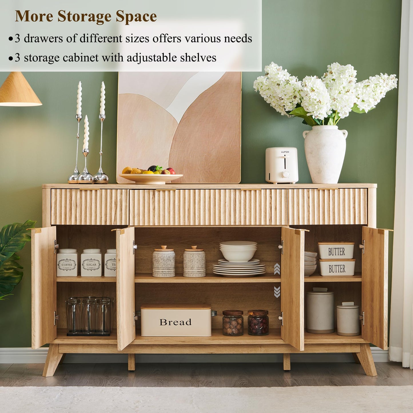 **T4TREAM 60" Fluted Modern Buffet Sideboard Cabinet with Storage, Large Buffet Table with 3 Drawers & 4 Doors for Dining Room, Living Room, or Hallway, Natural Oak**