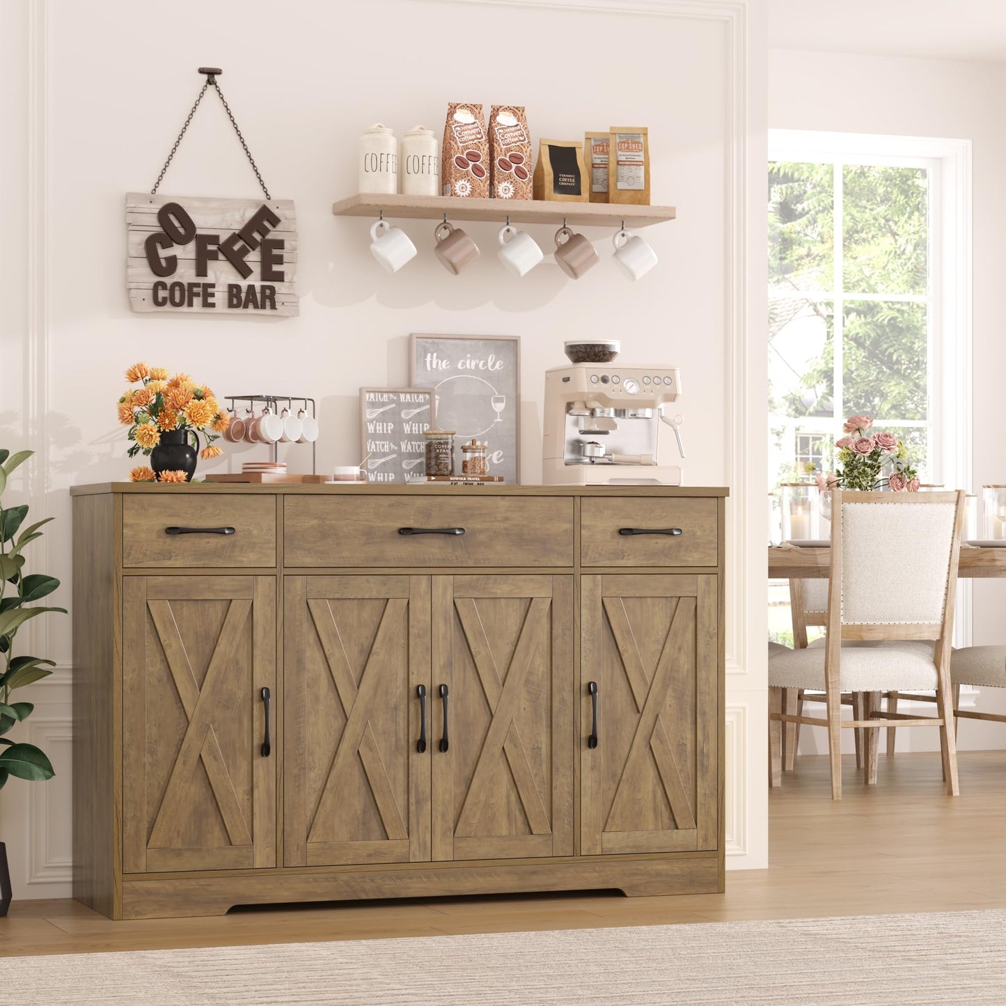 55" Large Buffet Sideboard Cabinet with Drawers, Shelves, and Doors, Modern Farmhouse Coffee Bar Station for Kitchen or Dining Room, Rustic Brown
