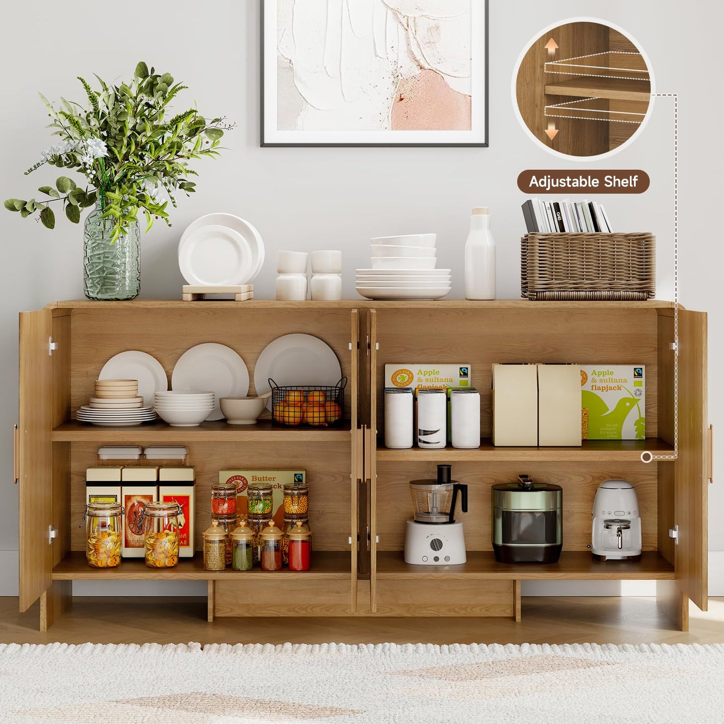 60" Curved Sideboard Buffet Cabinet with 4 Doors and Adjustable Shelves, Farmhouse Coffee Bar Storage for Living Room, Kitchen, or Hallway, Oak