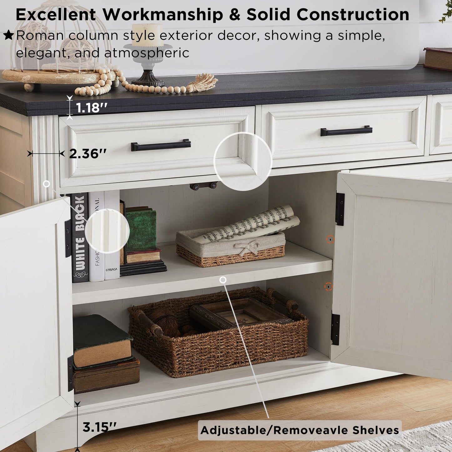 66" Large Buffet Sideboard Cabinet with 4 Doors and 3 Drawers, Storage Buffet Table for Dining or Living Room, Off White