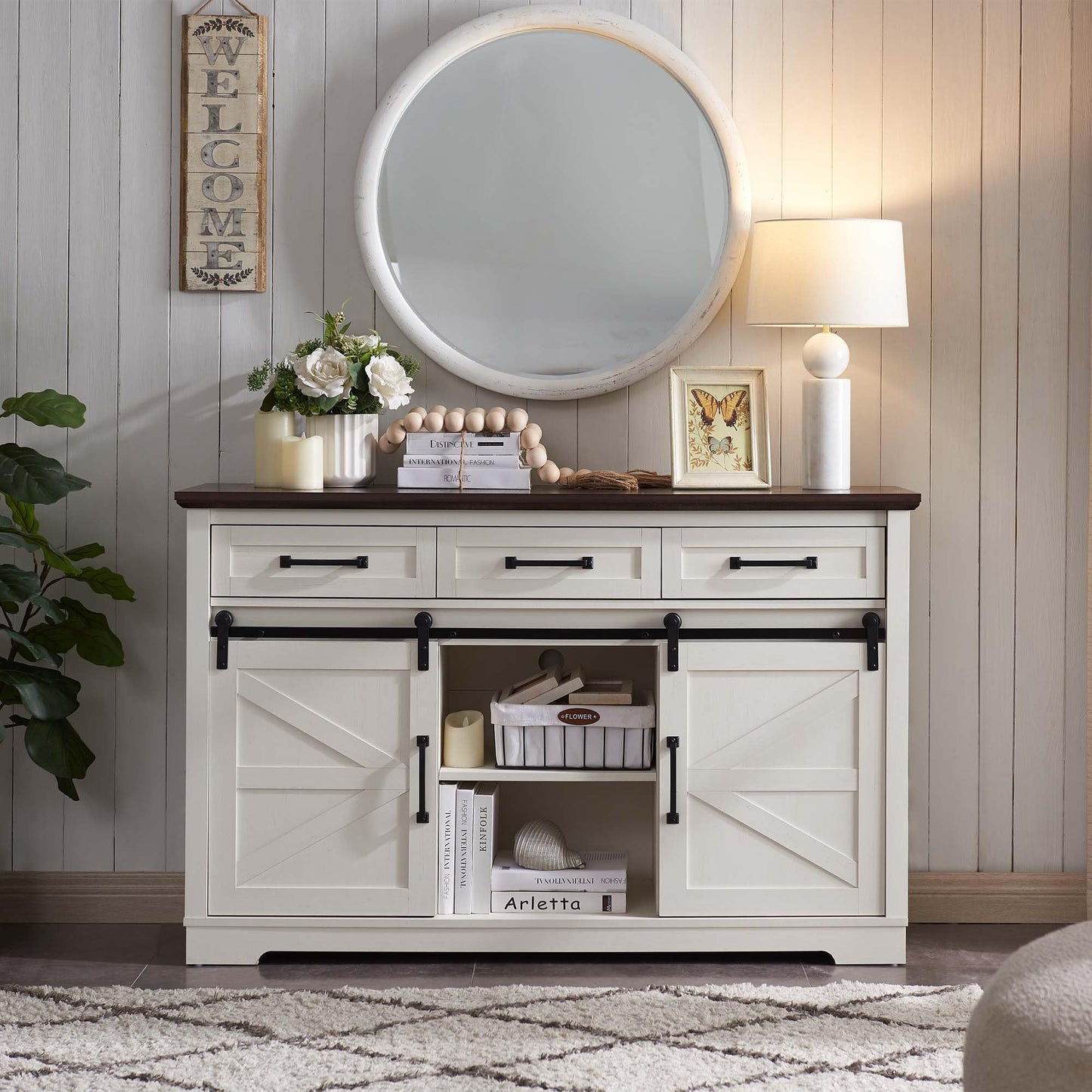 **Farmhouse Buffet Cabinet, 53" Sideboard with 3 Drawers, Rustic Storage Cabinet with Sliding Barn Door, Coffee Bar for Dining Room, Kitchen, Hallway, or Living Room, White**