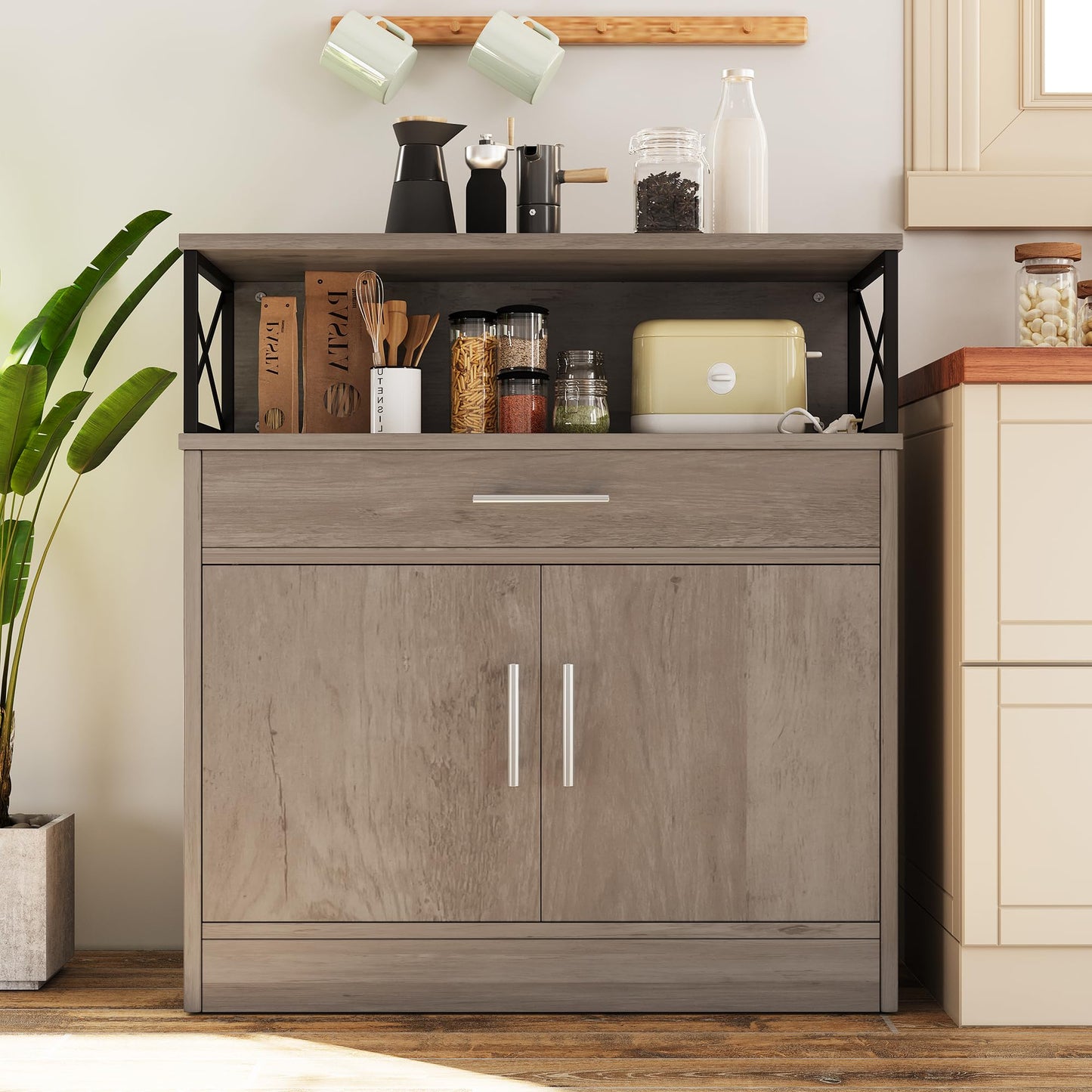31" Modern Sideboard Buffet Cabinet with Adjustable Shelf, Wood Farmhouse Coffee Bar Storage for Kitchen or Dining Room, Ash Grey