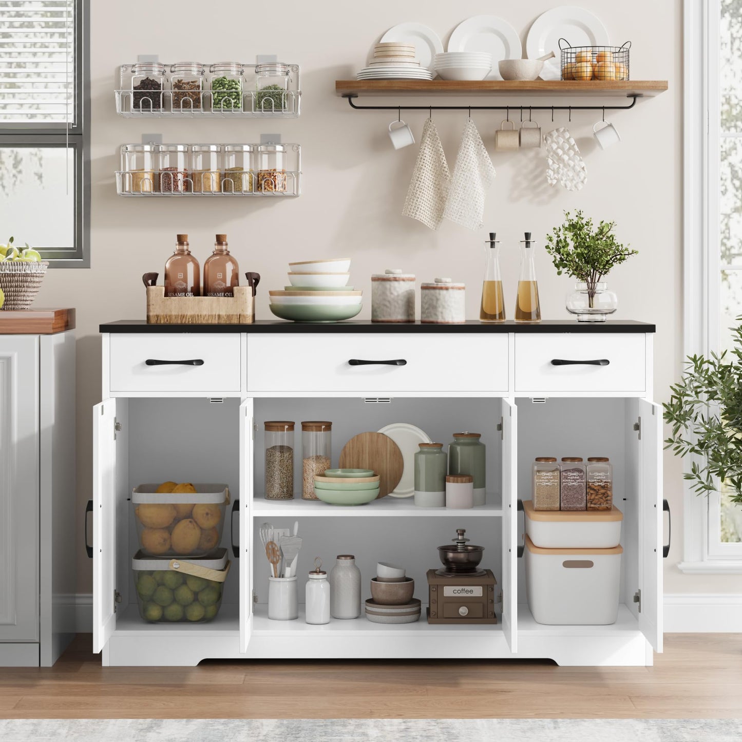 55" Large Buffet Sideboard Cabinet with Drawers, Shelves, and Doors, Modern Farmhouse Coffee Bar Station for Kitchen or Dining Room, White/Black