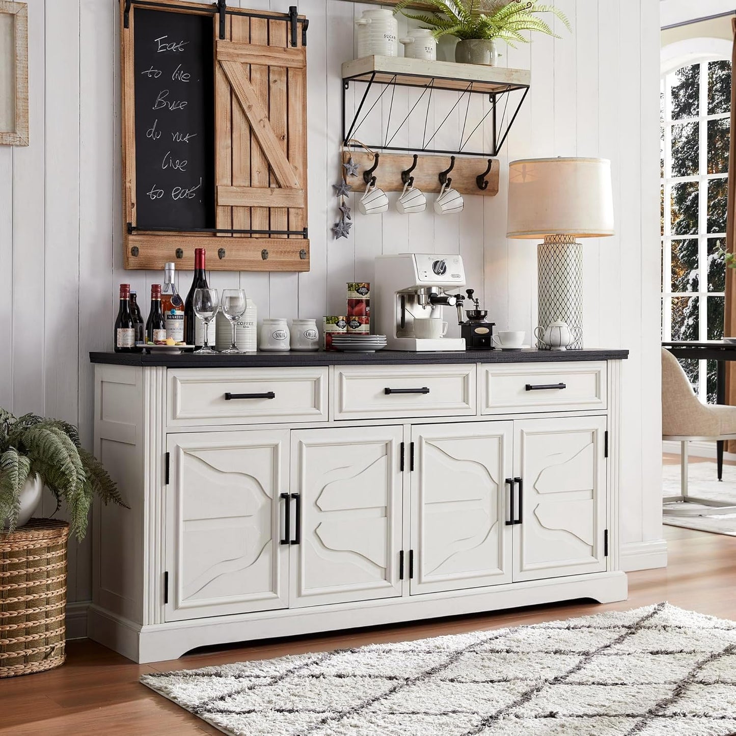 66" Large Buffet Sideboard Cabinet with 4 Doors and 3 Drawers, Storage Buffet Table for Dining or Living Room, Off White