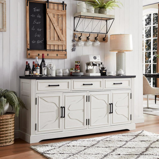 66" Large Buffet Sideboard Cabinet with 4 Doors and 3 Drawers, Storage Buffet Table for Dining or Living Room, Off White