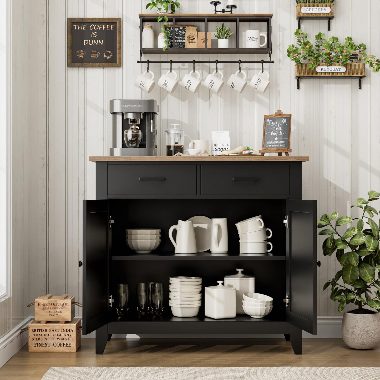 HORSTORS Modern Farmhouse Buffet Cabinet with Storage, Kitchen Sideboard Coffee Bar with 2 Drawers and 2 Doors, Floor Storage Cabinet for Living Room, Dining Room, or Bathroom, Black/Rustic Brown