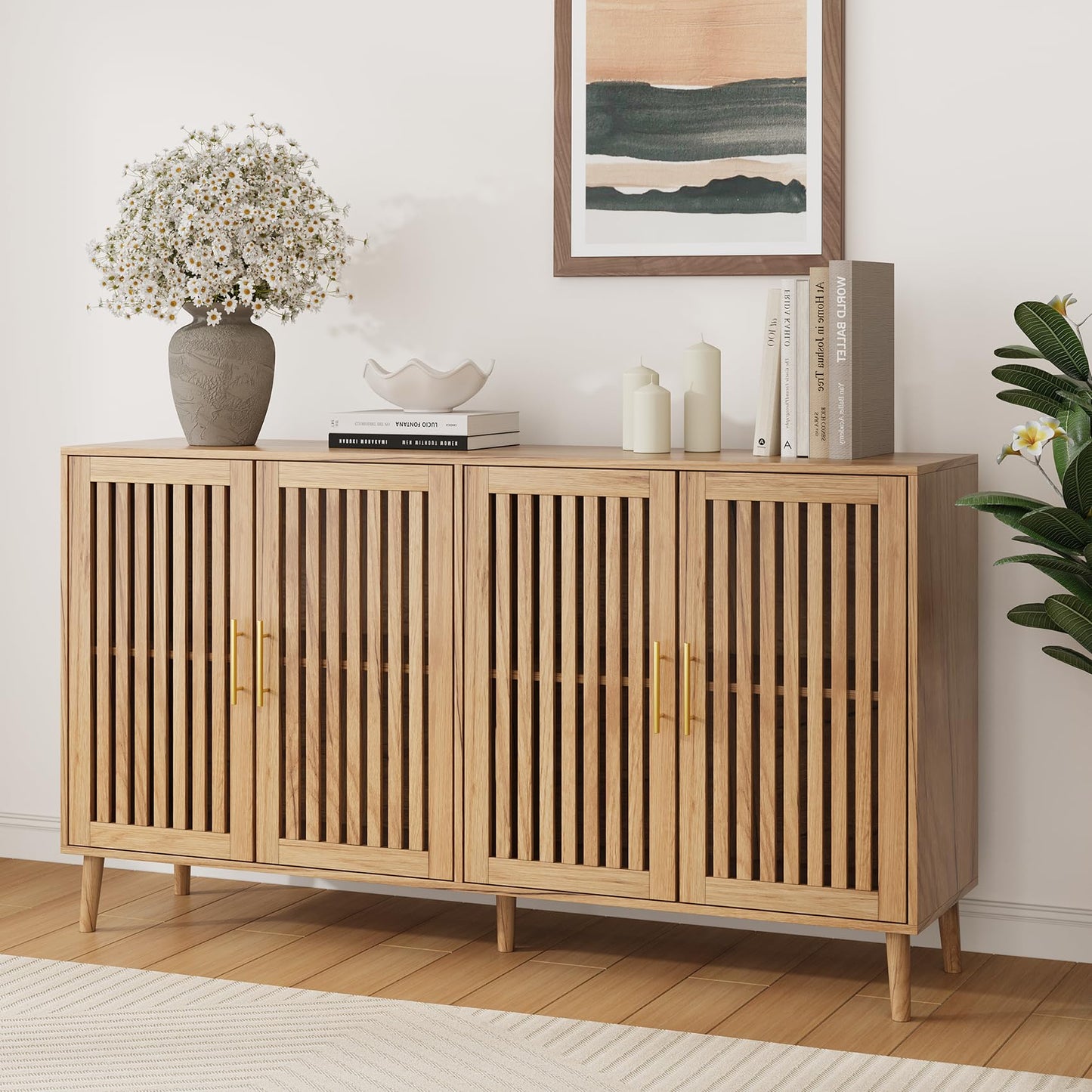 63" Sideboard Buffet with 4 Louvered Doors and Gold Handles, Farmhouse Coffee Bar Storage Cabinet for Entryway, Kitchen, Dining, or Living Room, Walnut