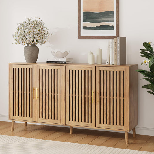 63" Sideboard Buffet with 4 Louvered Doors and Gold Handles, Farmhouse Coffee Bar Storage Cabinet for Entryway, Kitchen, Dining, or Living Room, Walnut