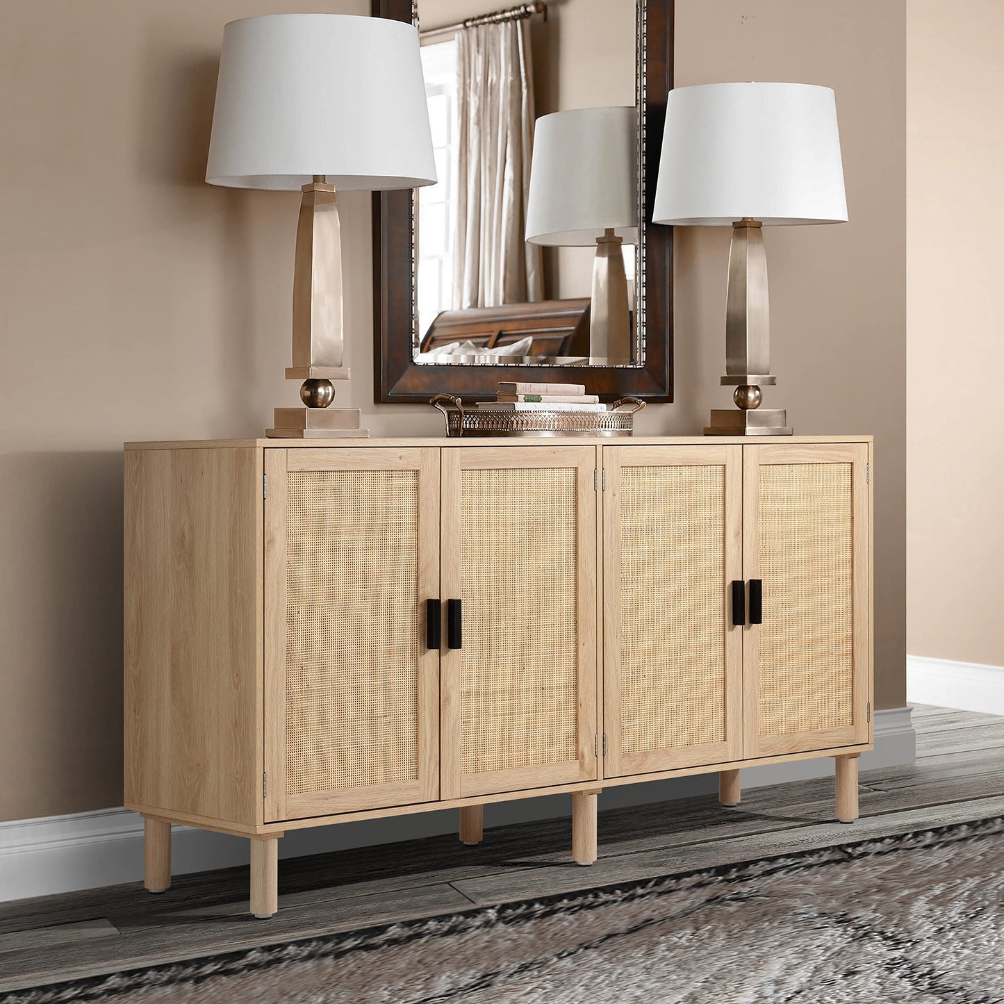 4-Door Sideboard Buffet Cabinet with Rattan Doors, Boho Kitchen Storage Console Table and Liquor Cabinet for Home Bar or Dining Room, 62.3" x 15.7" x 34.6", Natural