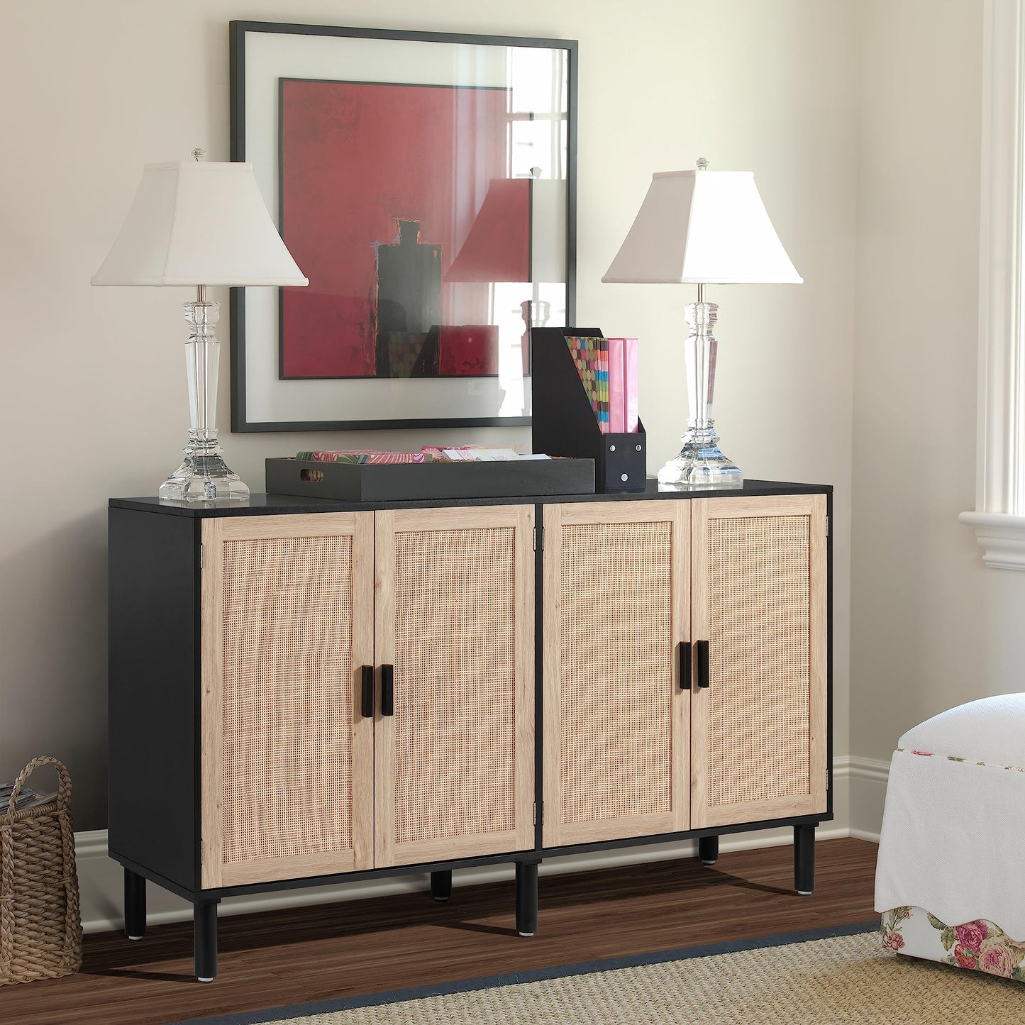 4-Door Sideboard Buffet Cabinet with Rattan Doors, Boho Kitchen Storage Console Table and Liquor Bar Cabinet, 62.3" x 15.7" x 34.6", Black