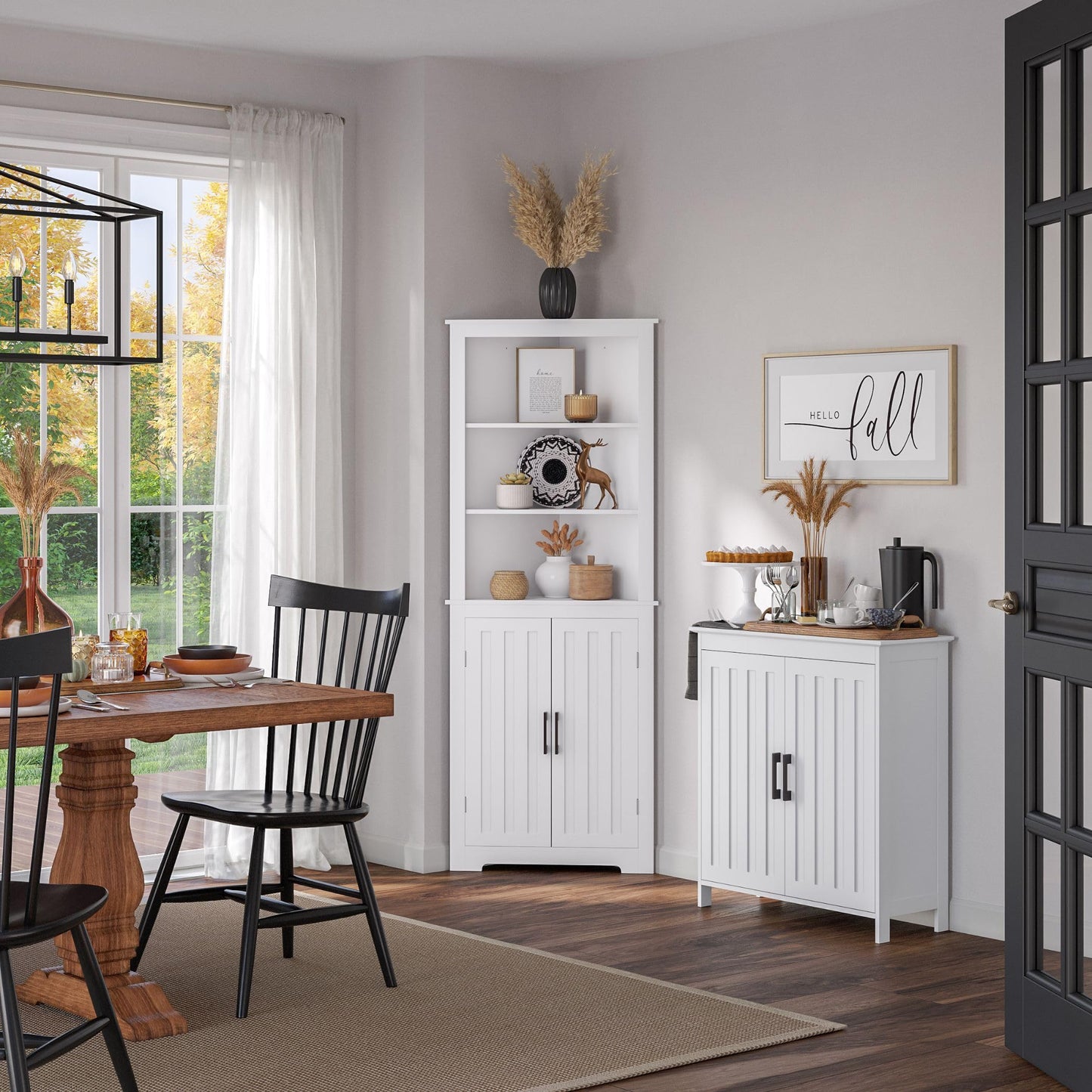 Two-Door Floor Storage Cabinet with Adjustable Shelves, Bathroom Storage with Soft-Close Doors, White Finish with Matte Black Handles
