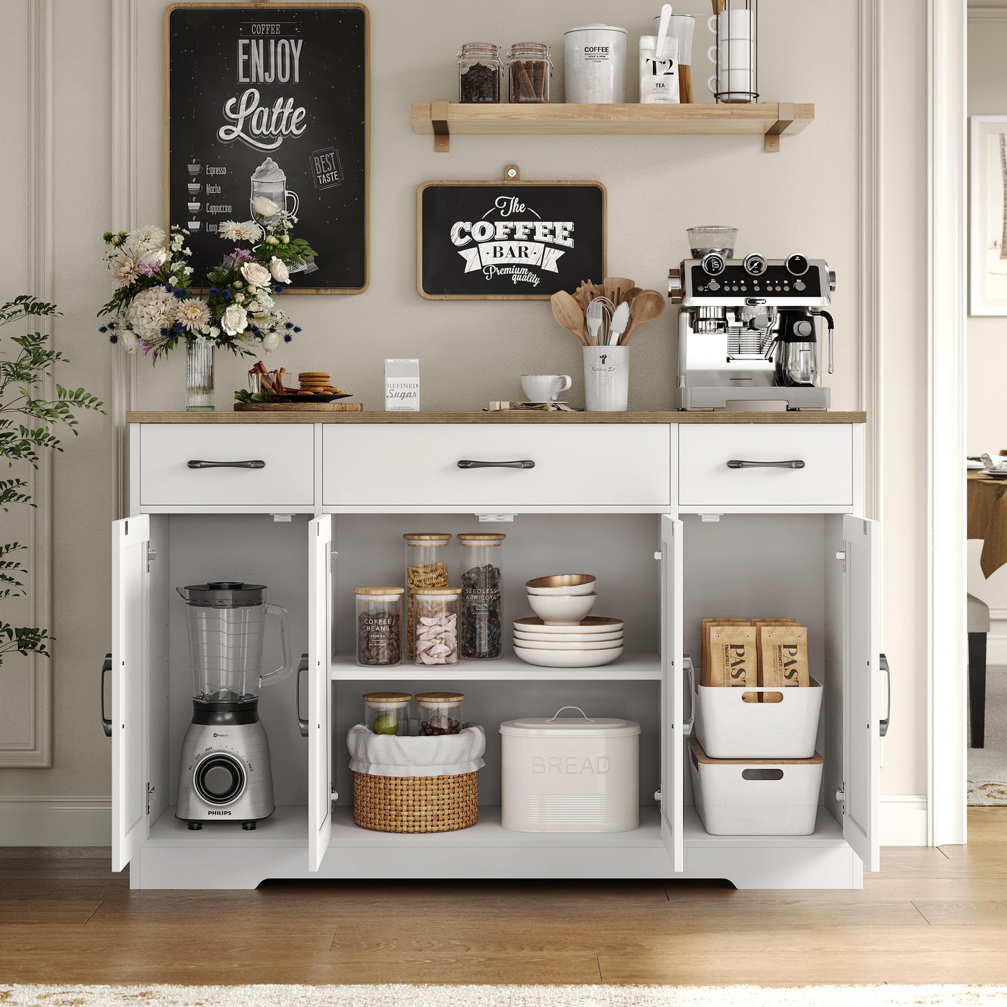 55" Large Buffet Sideboard Cabinet with Drawers, Shelves, and Doors, Modern Farmhouse Coffee Bar Station for Kitchen or Dining Room, White/Rustic