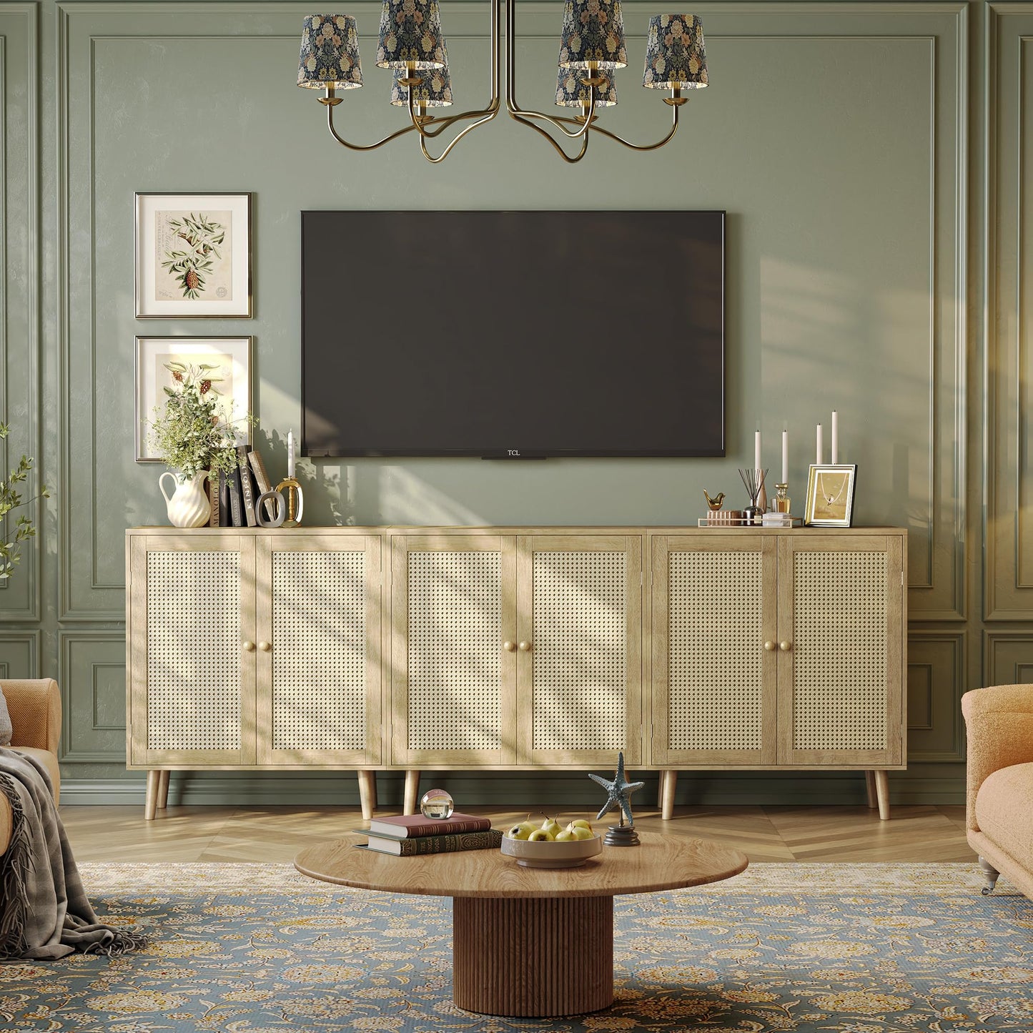 **Huuger Buffet Cabinet with Storage, PE Rattan Decor Doors, Solid Wood Feet Accent Sideboard for Hallway, Entryway, or Living Room, Natural**