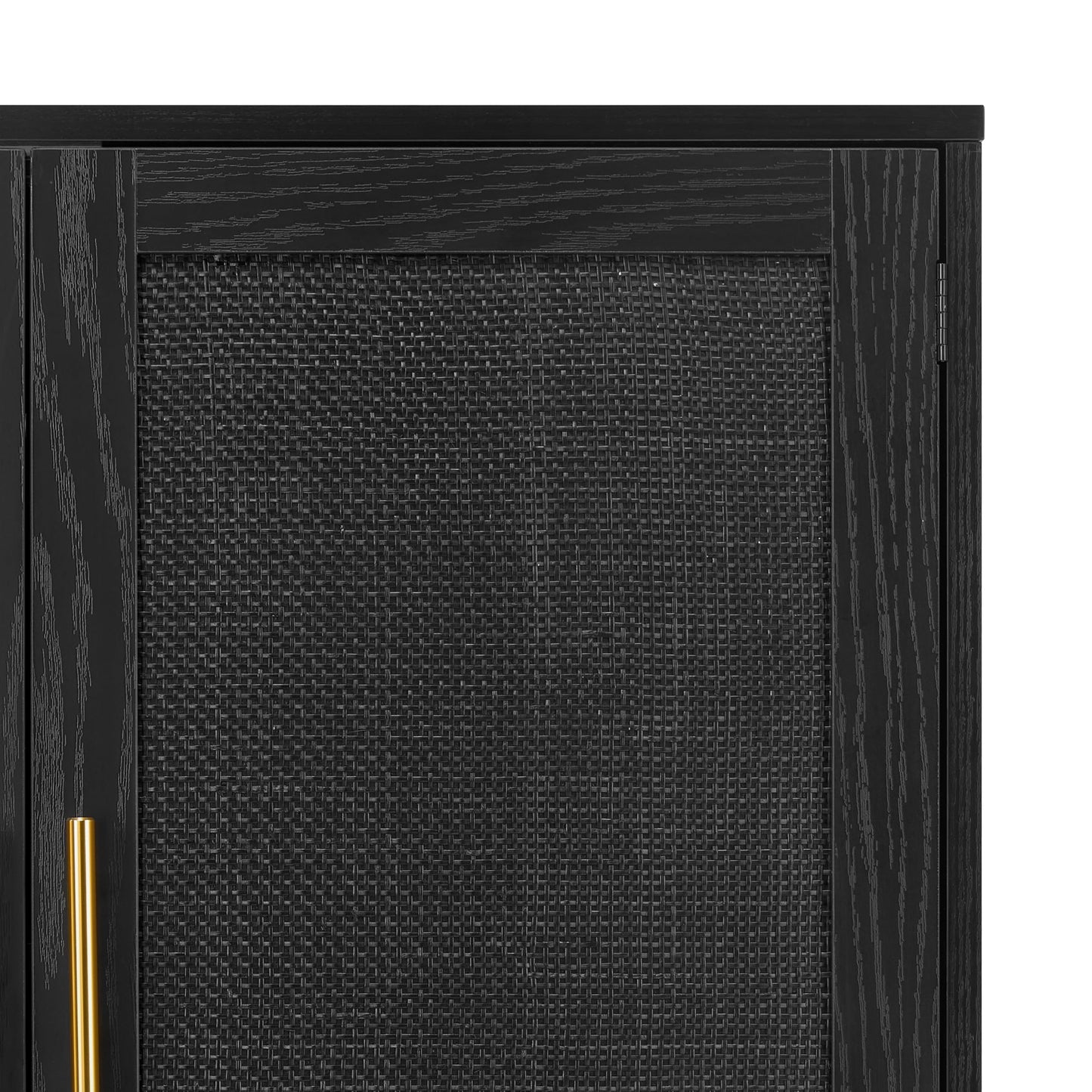 4-Door Sideboard Buffet Cabinet with Black Painted Rattan Doors, Boho Kitchen Storage Console Table and Liquor Cabinet, 62.3" x 15.7" x 34.6", Full Black