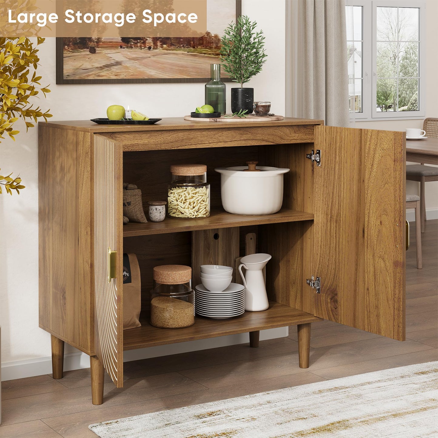 Walnut Sideboard Cabinet with Line Groove Design, Freestanding Wood Buffet Cabinet with Adjustable Shelf for Living Room, Entryway, or Hallway