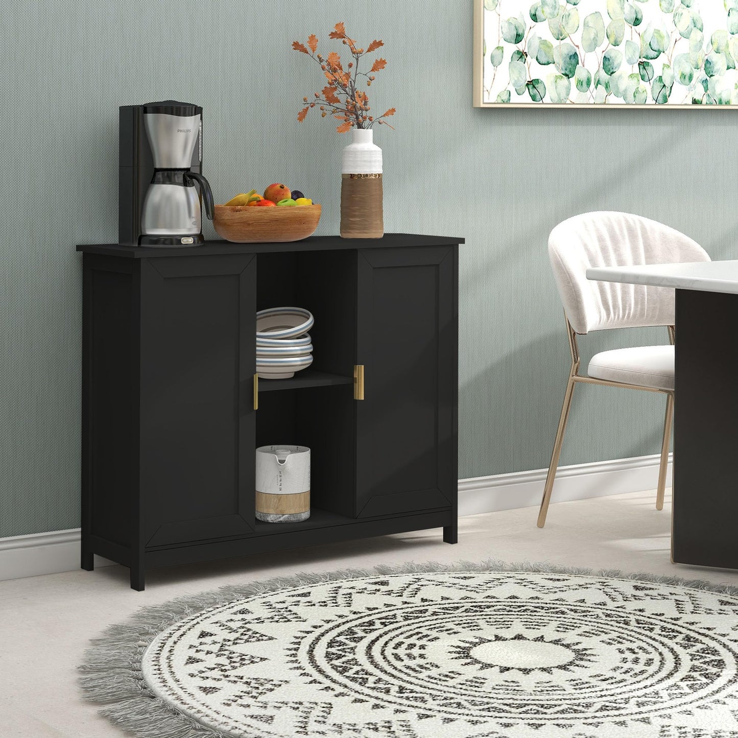 White Buffet Cabinet with Storage, Modern Wooden Narrow Sideboard Credenza with Doors for Entryway or Living Room