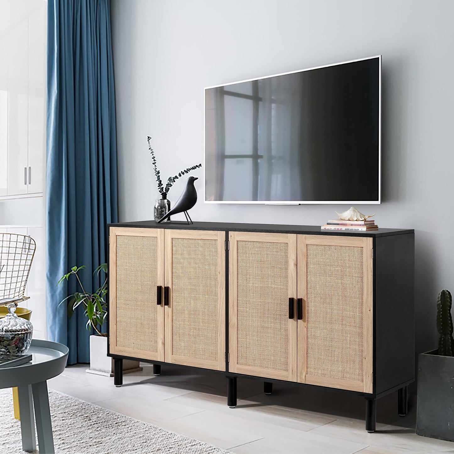 4-Door Sideboard Buffet Cabinet with Rattan Doors, Boho Kitchen Storage Console Table and Liquor Bar Cabinet, 62.3" x 15.7" x 34.6", Black