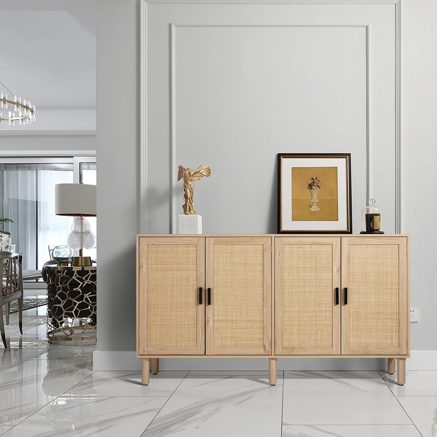 4-Door Sideboard Buffet Cabinet with Rattan Doors, Boho Kitchen Storage Console Table and Liquor Cabinet for Home Bar or Dining Room, 62.3" x 15.7" x 34.6", Natural
