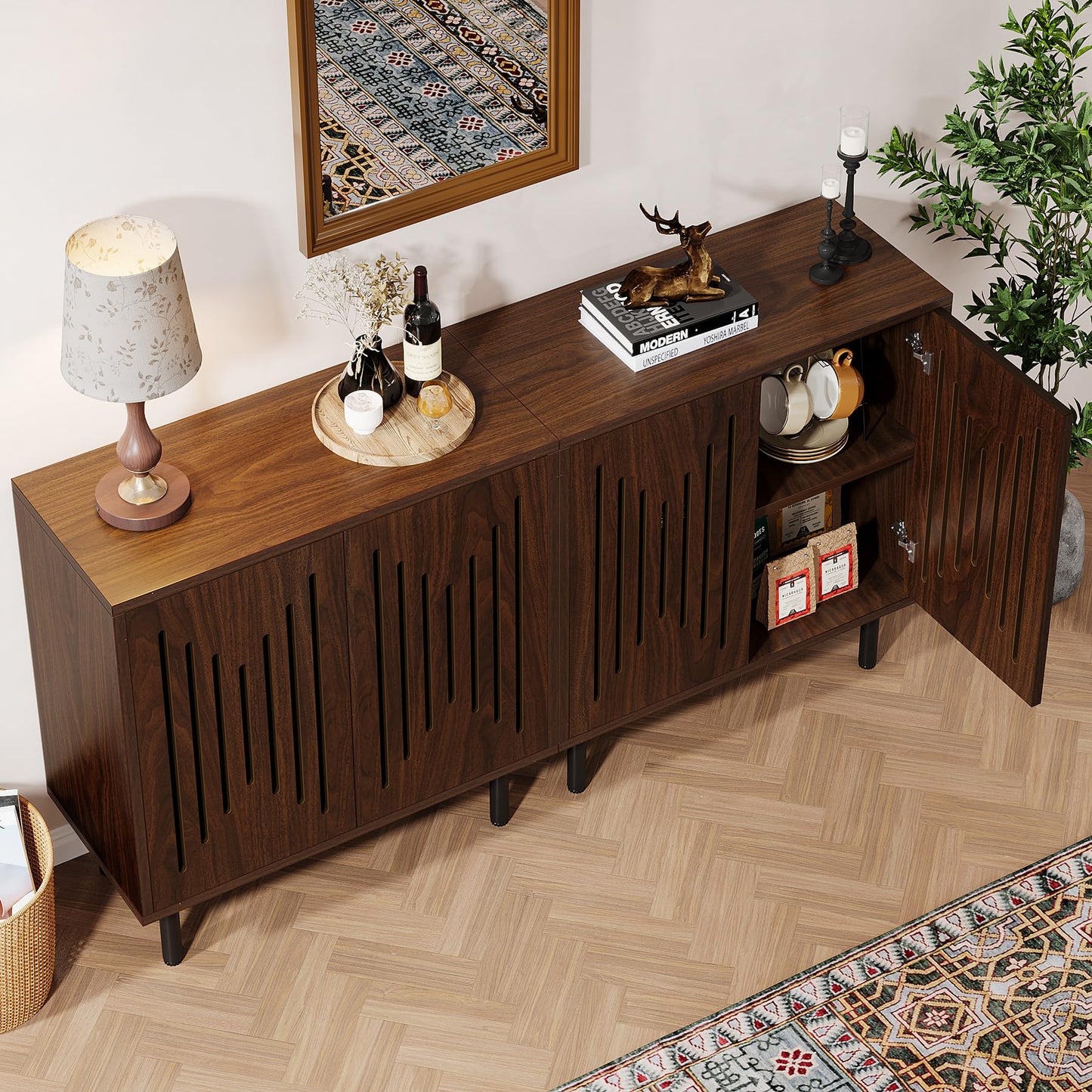 Tribesigns Set of 2 Buffet Sideboard Cabinets with Storage, 59" Long Sideboards with Adjustable Shelves, Modern Accent Storage Cabinets for Living Room, Dark Brown
