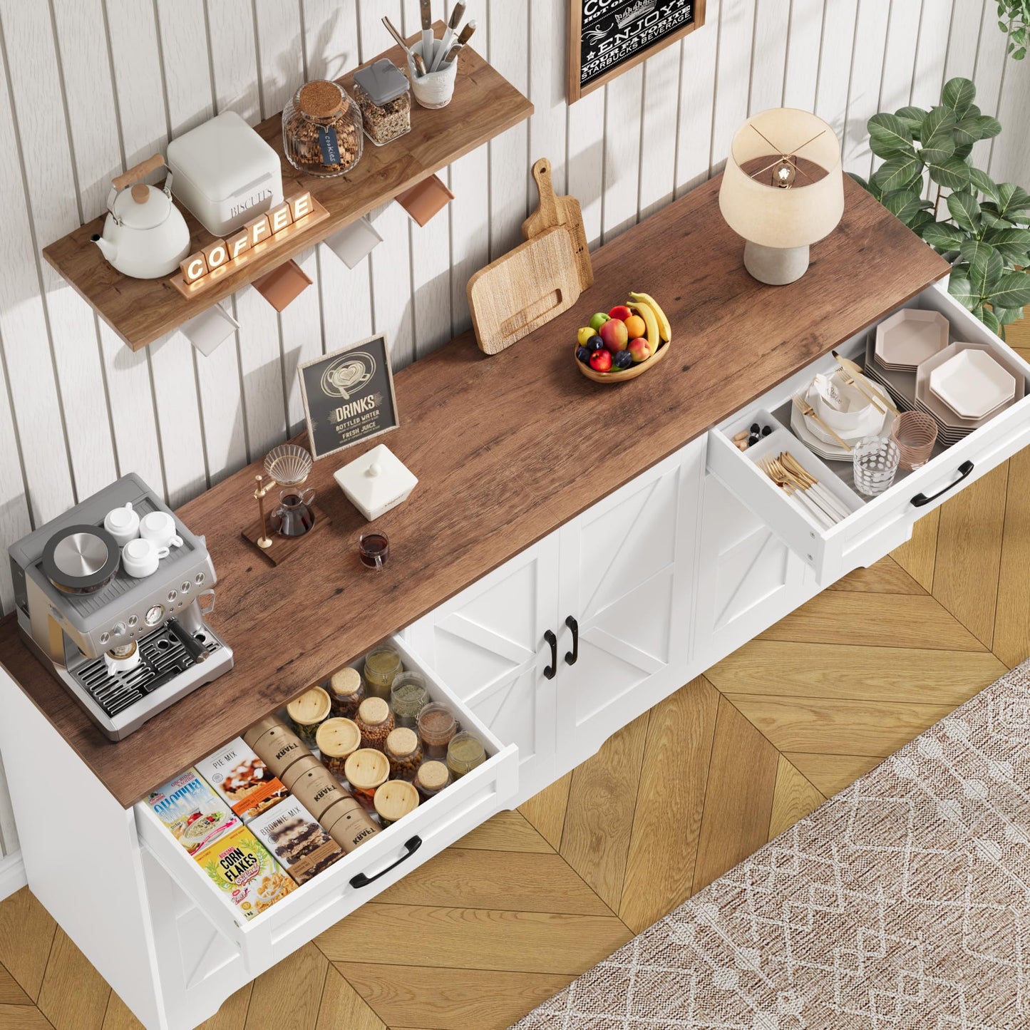 **YGEOMER Farmhouse Buffet Cabinet Sideboard with 3 Drawers and 2 Doors, Wood Coffee Bar Storage Cabinet for Kitchen or Dining Room**
