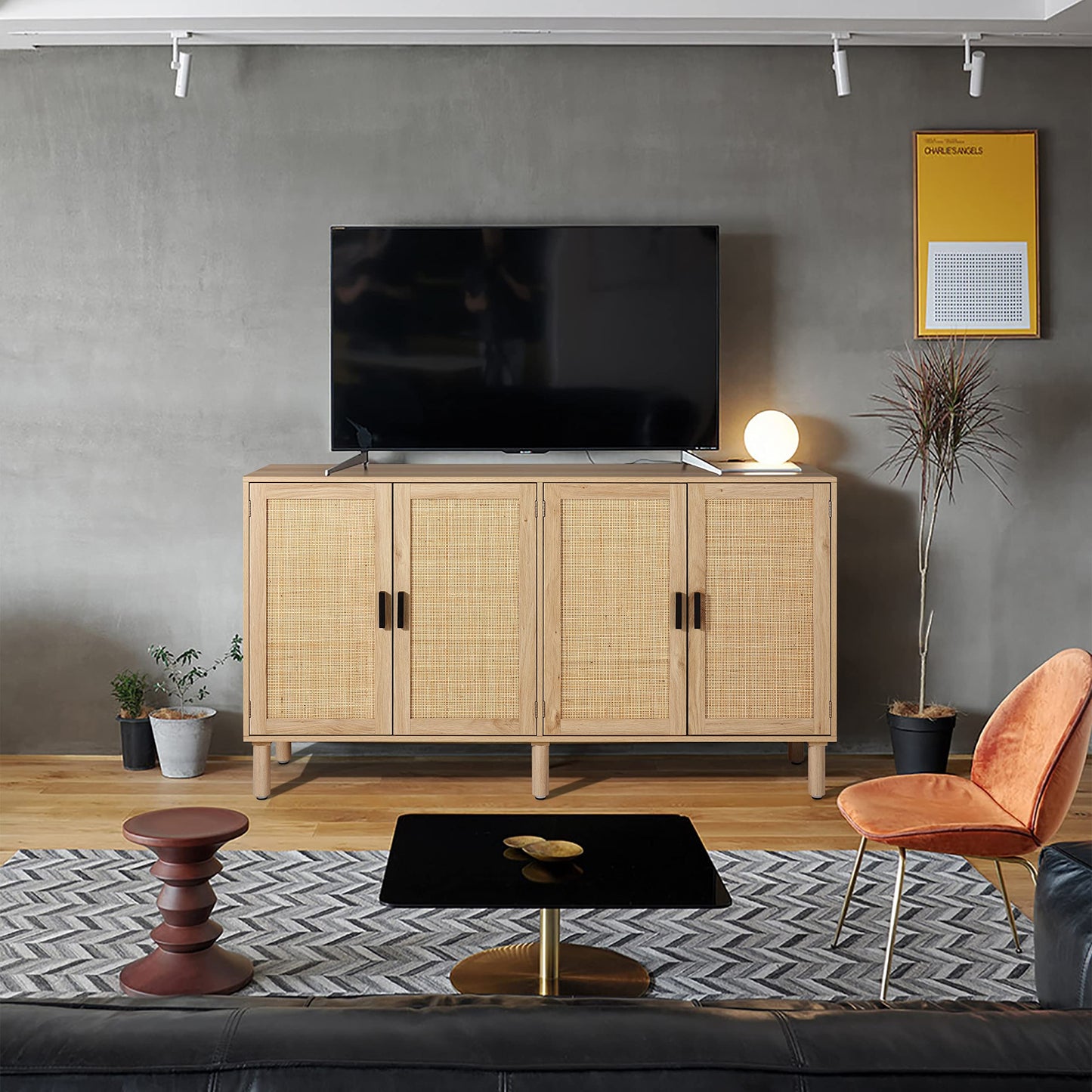 4-Door Sideboard Buffet Cabinet with Rattan Doors, Boho Kitchen Storage Console Table and Liquor Cabinet for Home Bar or Dining Room, 62.3" x 15.7" x 34.6", Natural