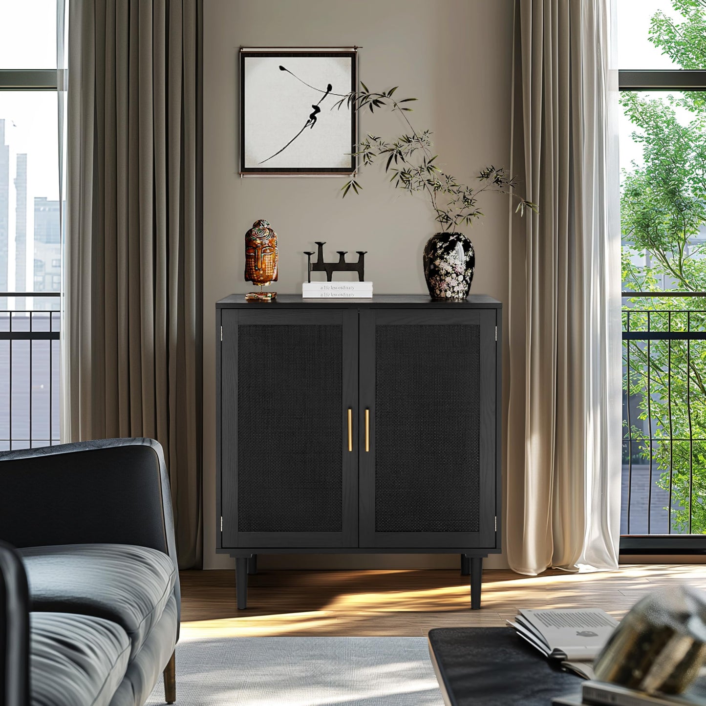 Sideboard Buffet Kitchen Storage Cabinet with Black Painted Rattan Doors, Modern Console Table Cupboard for Dining Room, Hallway, or Living Room, 31.5" x 15.8" x 34.6", Black