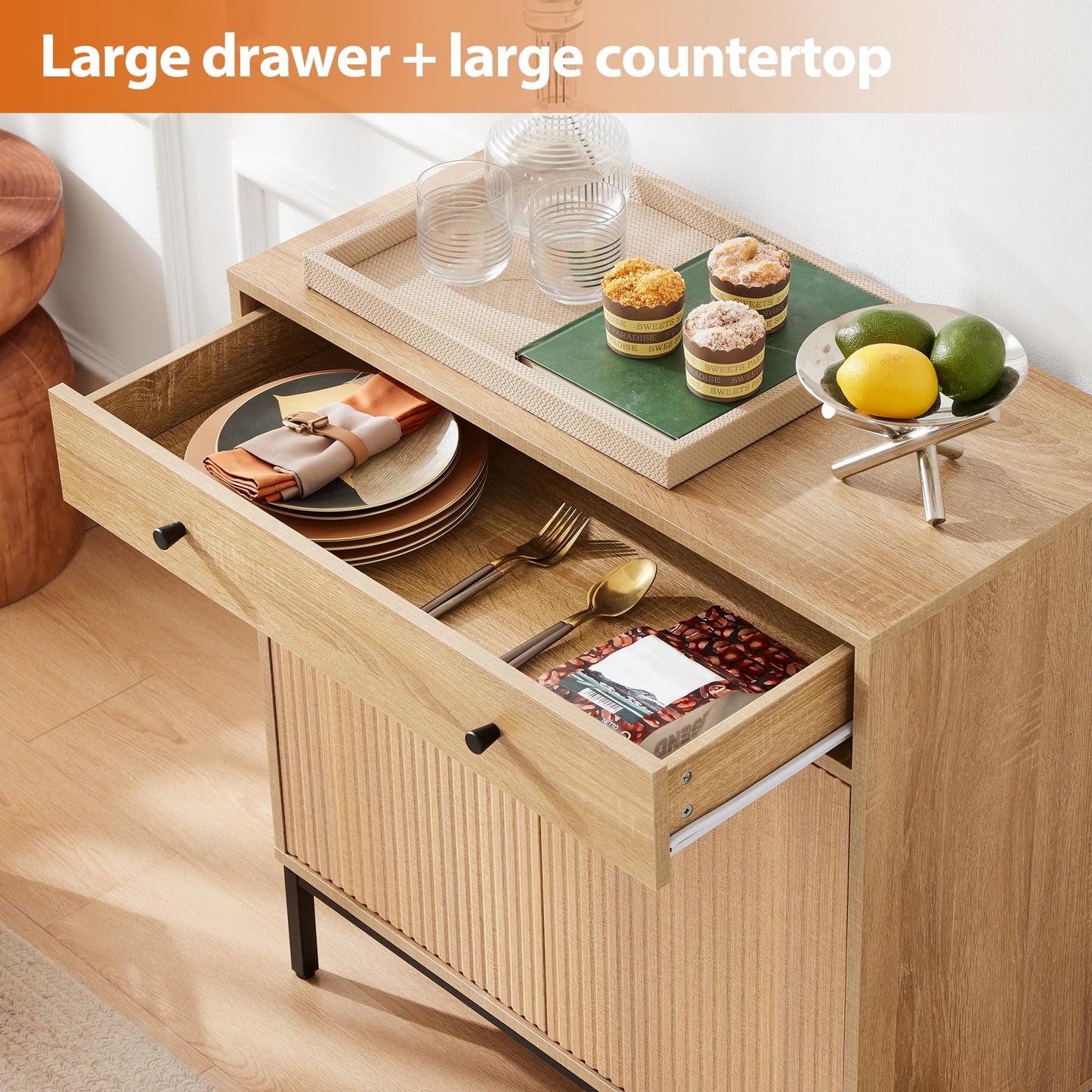**Farmhouse Sideboard Buffet Cabinet with Drawer, Coffee Bar Station Table, Kitchen Storage Cabinet with Doors and Adjustable Shelves, Modern Wood Cupboard for Dining Room, Living Room, and Entryway**