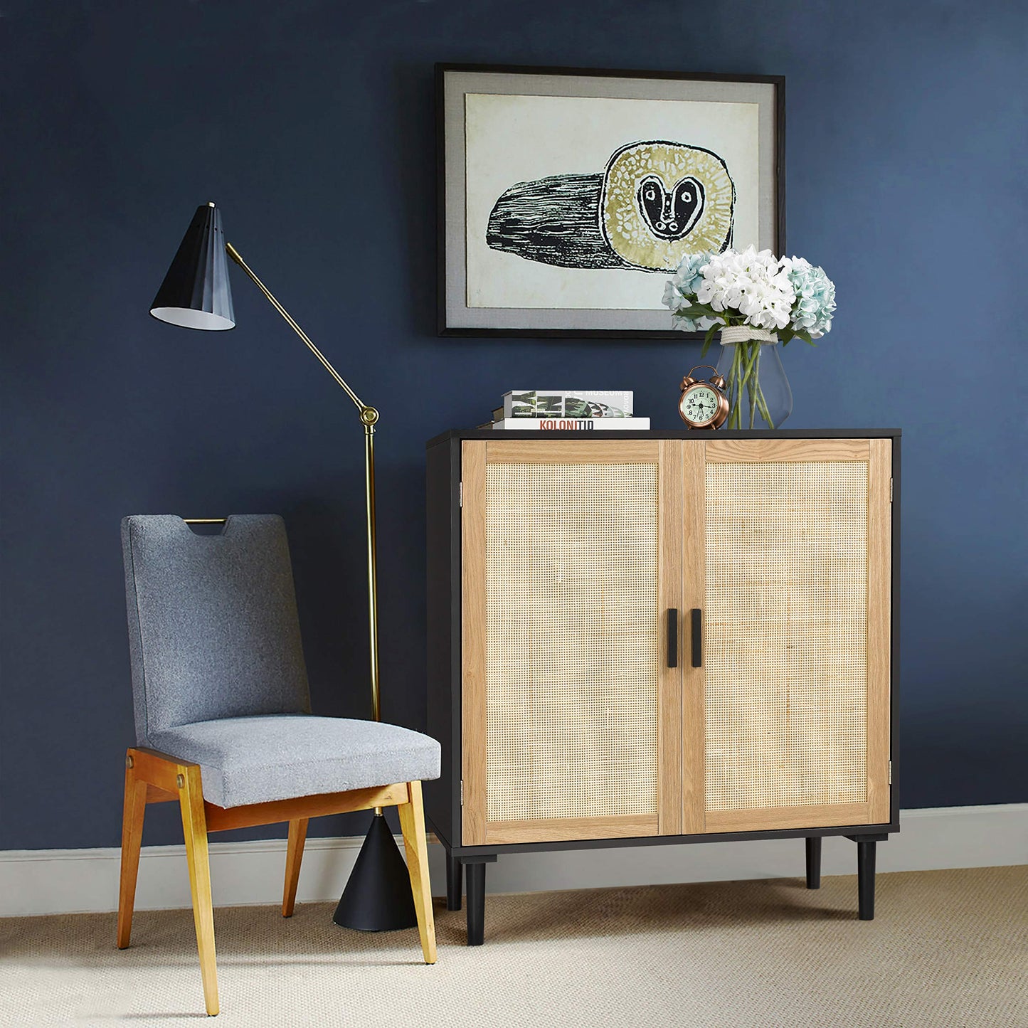 Sideboard Buffet Cabinet with Rattan Decorated Doors, Kitchen Storage Console Table and Liquor Buffet for Bar, Dining Room, or Hallway, 31.5" x 15.8" x 34.6"