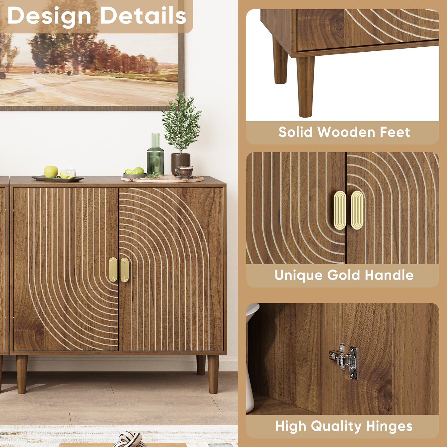 Walnut Sideboard Cabinet with Line Groove Design, Freestanding Wood Buffet Cabinet with Adjustable Shelf for Living Room, Entryway, or Hallway