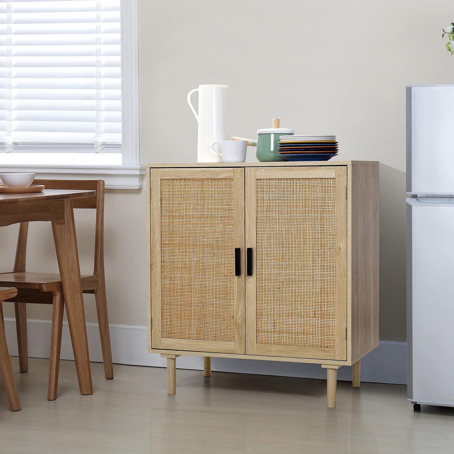 Sideboard Buffet Cabinet with Rattan Decorated Doors, Kitchen Storage Console Table and Liquor Coffee Buffet for Dining Room or Hallway, 31.5" x 15.8" x 34.6", Natural