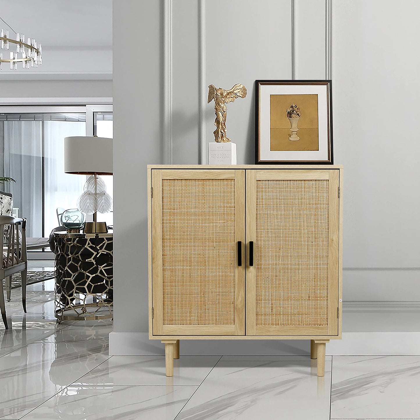 Sideboard Buffet Cabinet with Rattan Decorated Doors, Kitchen Storage Console Table and Liquor Coffee Buffet for Dining Room or Hallway, 31.5" x 15.8" x 34.6", Natural