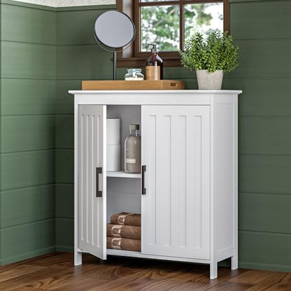 Two-Door Floor Storage Cabinet with Adjustable Shelves, Bathroom Storage with Soft-Close Doors, White Finish with Matte Black Handles