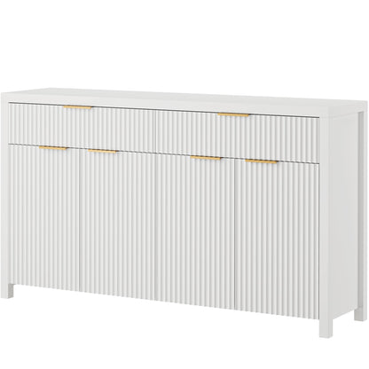 55" White Fluted Buffet Cabinet with Storage, Large Wood Sideboard with Adjustable Shelves for Entryway, Kitchen, or Living Room