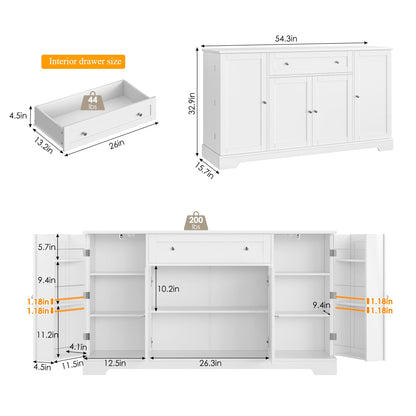 **HITHOS 54" Modern Buffet Cabinet with Storage, White Kitchen Sideboard with Drawer, Wood Coffee Bar Station with Adjustable Shelves for Living Room**