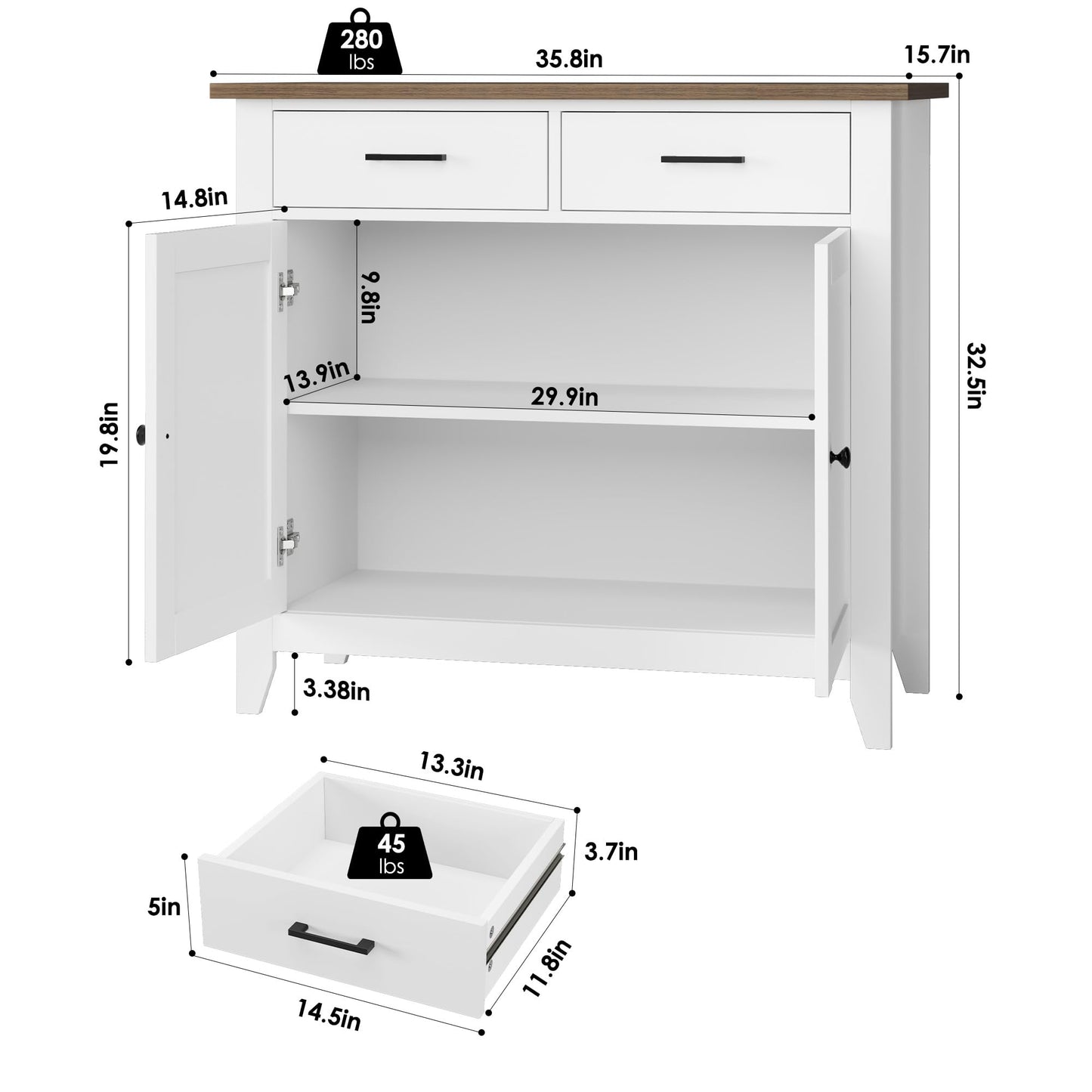 HORSTORS Modern Farmhouse Buffet Cabinet with Storage, Kitchen Sideboard Coffee Bar with 2 Drawers and 2 Doors, Floor Storage Cabinet for Living Room, Dining Room, or Bathroom, Ivory White