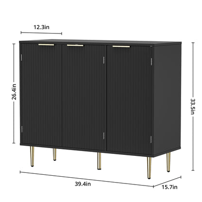 Fluted Sideboard Buffet with 3 Doors and Adjustable Shelves, Modern Kitchen Storage Cabinet with Gold Handles, Coffee Bar for Living Room or Kitchen, Black