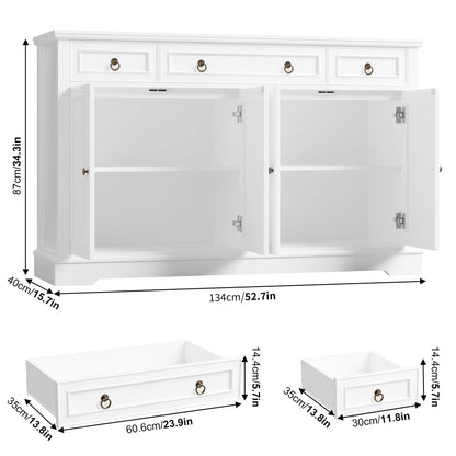 FINETONES 52.7" Large Buffet Cabinet with Storage, Modern Sideboard with 3 Drawers and 4 Doors, Wooden Coffee Bar Cabinet for Kitchen, Dining Room, or Living Room, White