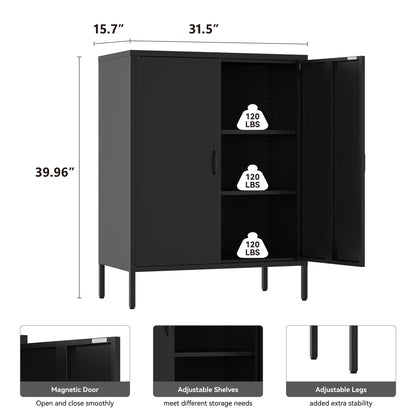 Metal Locker Storage Cabinet with 2 Doors and 4 Shelves, 39.96" Steel Floor Cabinet for Office, Home, Garage, Gym, or School, Black