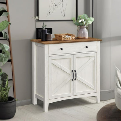 **Buffet Cabinet, Coffee Bar Cabinet with Drawer, Adjustable Shelf, Sideboard Storage with Cable Hole and Drawer Divider, Rustic White and Honey Brown**