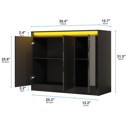 High Gloss Buffet Cabinet with LED Lights and Charging Station, Modern Handleless Sideboard Coffee Bar with 3 Doors for Living Room or Entryway, Black