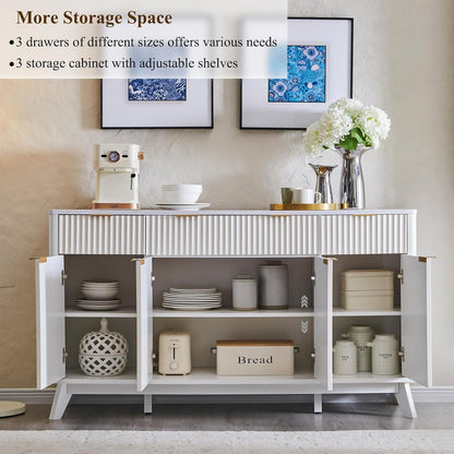 **T4TREAM 60" Fluted Modern Buffet Sideboard Cabinet with Storage, Large Buffet Table with 3 Drawers & 4 Doors for Dining Room, Living Room, or Hallway, Solid White**