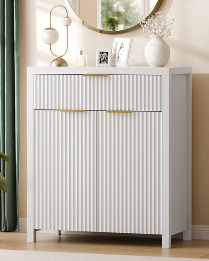 White Fluted Storage Cabinet with Drawers and Adjustable Shelves, Buffet Sideboard for Kitchen, Living Room, or Entryway