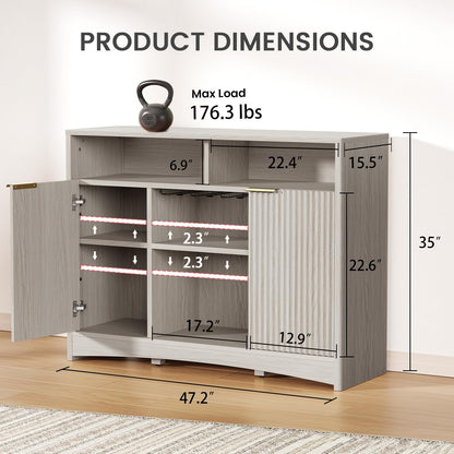 Coffee Bar Cabinet with Wine Glass Rack, 47" Buffet Sideboard with Adjustable Shelves and Soft-Close Hinges, Holds 200 lbs, Grey