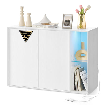 Storage Cabinet with Lighting and Glass Shelf, Superfast Toolless Assembly Accent Buffet Sideboard for Living Room, Snow White