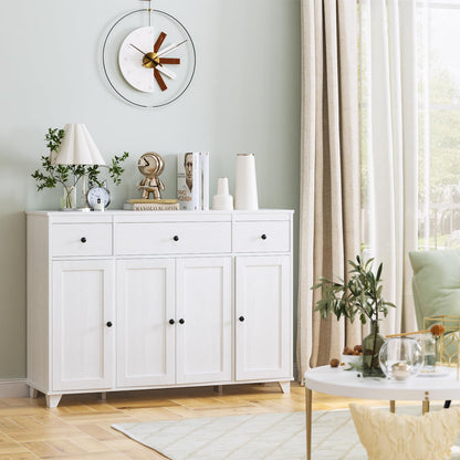 47" White Buffet Cabinet with 3 Drawers, 4 Doors, and Adjustable Shelves, Modern Coffee Bar Sideboard for Kitchen, Dining, or Living Room