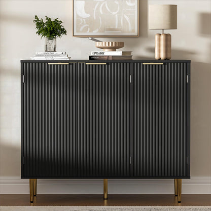 Fluted Sideboard Buffet with 3 Doors and Adjustable Shelves, Modern Kitchen Storage Cabinet with Gold Handles, Coffee Bar for Living Room or Kitchen, Black