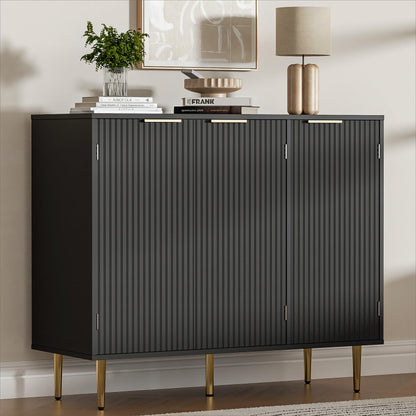 Fluted Sideboard Buffet with 3 Doors and Adjustable Shelves, Modern Kitchen Storage Cabinet with Gold Handles, Coffee Bar for Living Room or Kitchen, Black