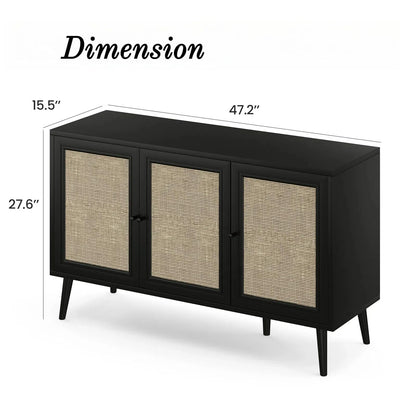 Rattan Entryway Table with Adjustable Shelf, Sideboard Buffet Cabinet with 3 Doors, Modern Console Cabinet with Large Storage for Living Room or Kitchen, Black