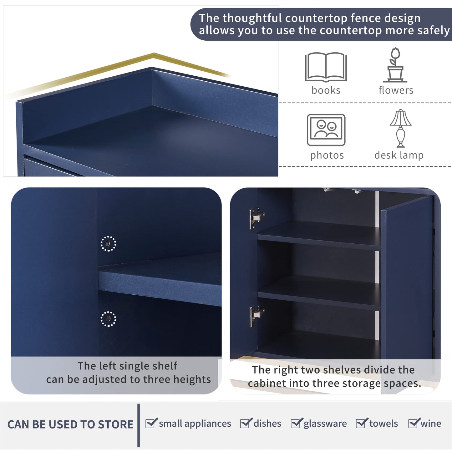 Modern Wood Sideboard Buffet Cabinet with Doors, Adjustable Shelves, and Metal Base, Kitchen Storage for Small Spaces, Navy Blue