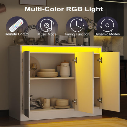 High Gloss Buffet Cabinet with LED Lights and Charging Station, Modern Handleless Sideboard Coffee Bar with 3 Doors for Living Room or Entryway, White